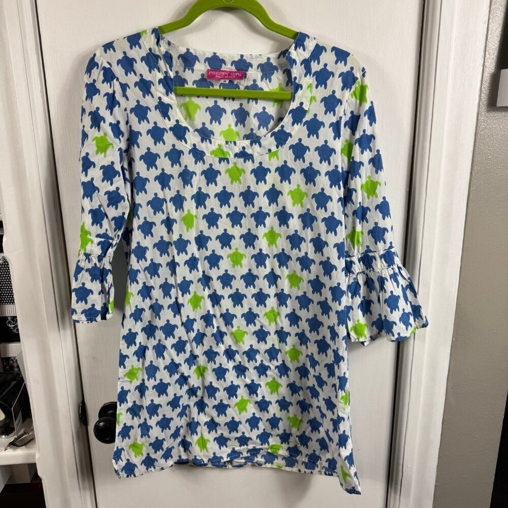 Preppy Girl blue/green turtle print bell sleeve blouse